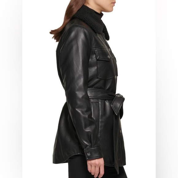 Kennth Cole Faux Leather & Faux Shearling Belted Shirt Jacket (Black) - Picture 3 of 5